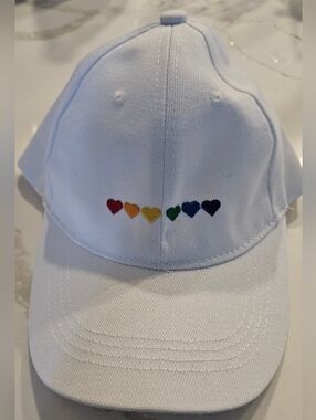 NWT White Baseball Cap with Rainbow Heart Embroidery